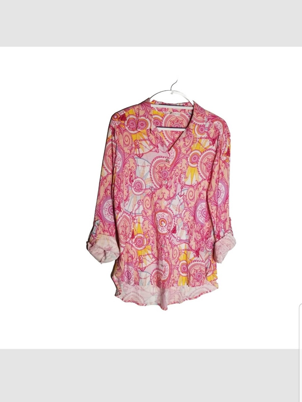 Jane And Delancey Shirt Women's Size Large Roll Tab Sleeves Pink Paisley